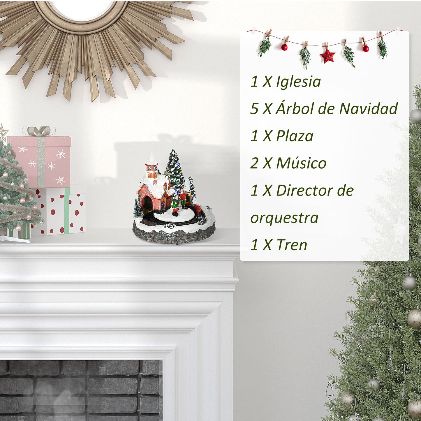 HOMCOM Pueblo Navideño Escena Navideña Iluminado con Luces LED Árbol de Navidad Música y Tren Móvil Decoración Navideña sobre Mesa 20x19,5x20 cm Multicolor