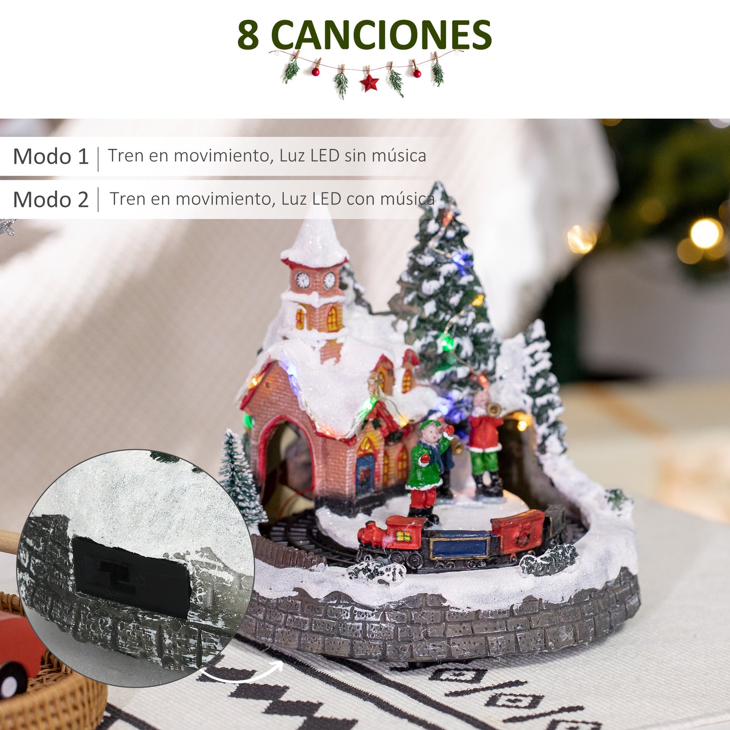 HOMCOM Pueblo Navideño Escena Navideña Iluminado con Luces LED Árbol de Navidad Música y Tren Móvil Decoración Navideña sobre Mesa 20x19,5x20 cm Multicolor