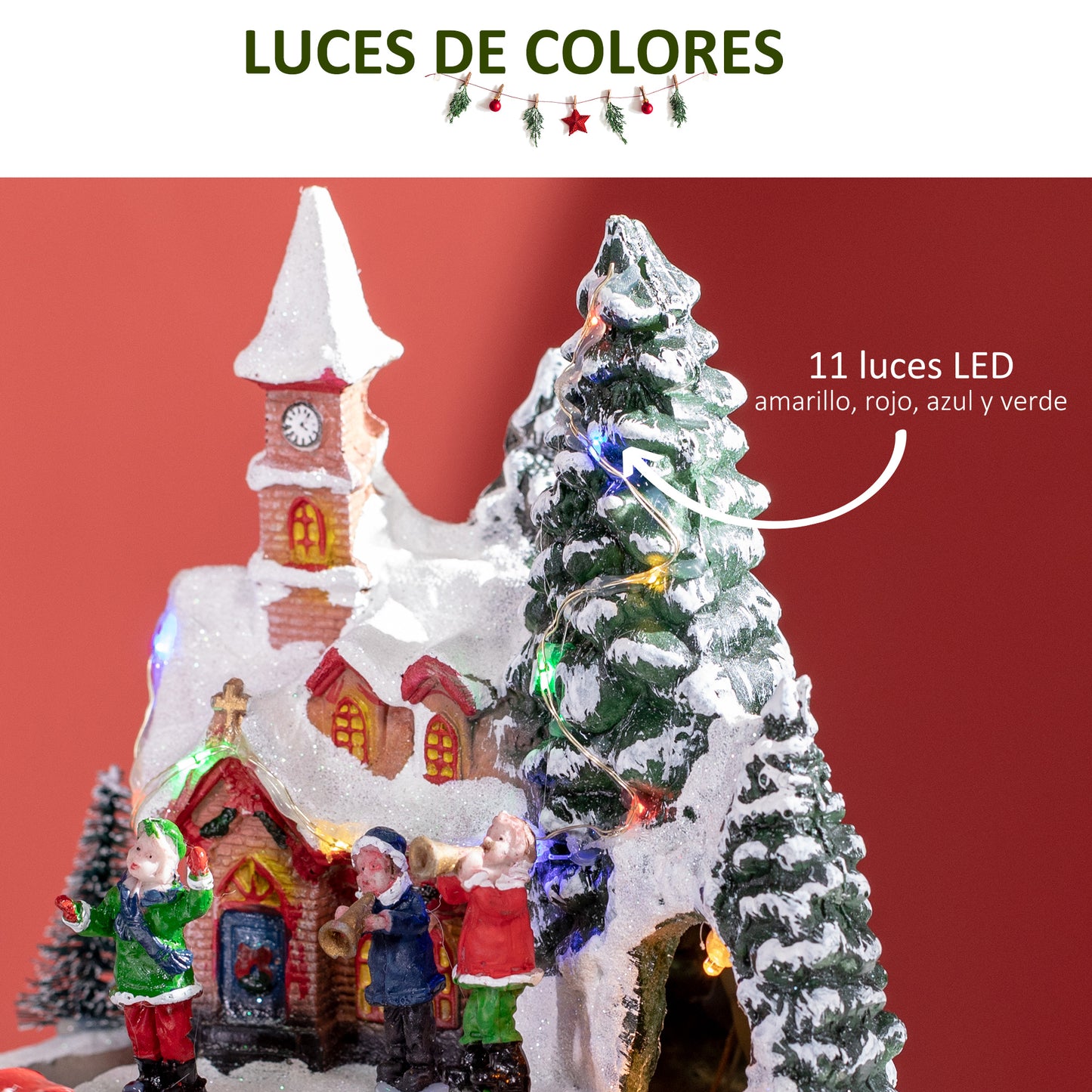 HOMCOM Pueblo Navideño Escena Navideña Iluminado con Luces LED Árbol de Navidad Música y Tren Móvil Decoración Navideña sobre Mesa 20x19,5x20 cm Multicolor