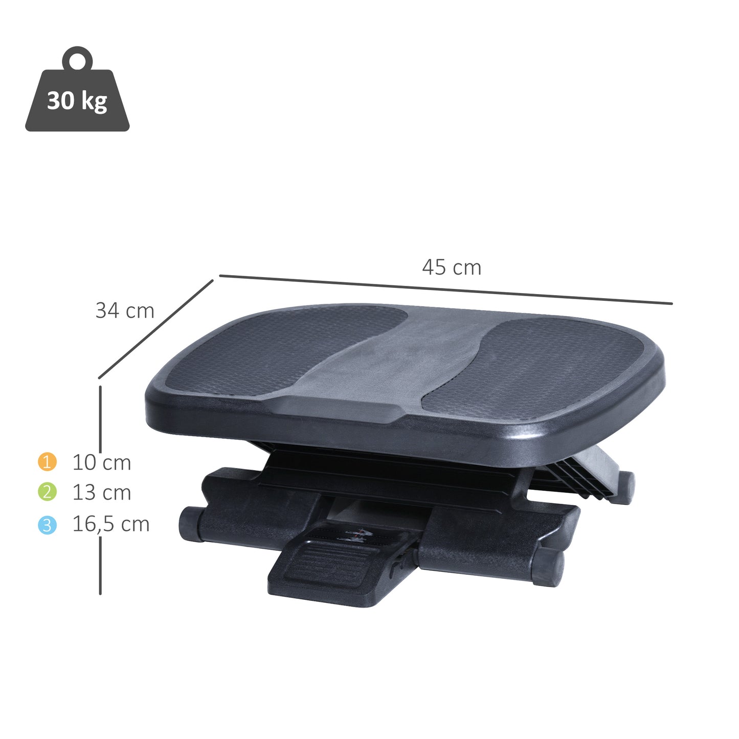 HOMCOM Multifuncional Reposapiés con Superficie Antideslizante Plataforma Inclinación de 0-30° Masaje 3 Niveles Altura Ajustable Apto a Oficina Casa Negro 45x34x(10-16.5)cm