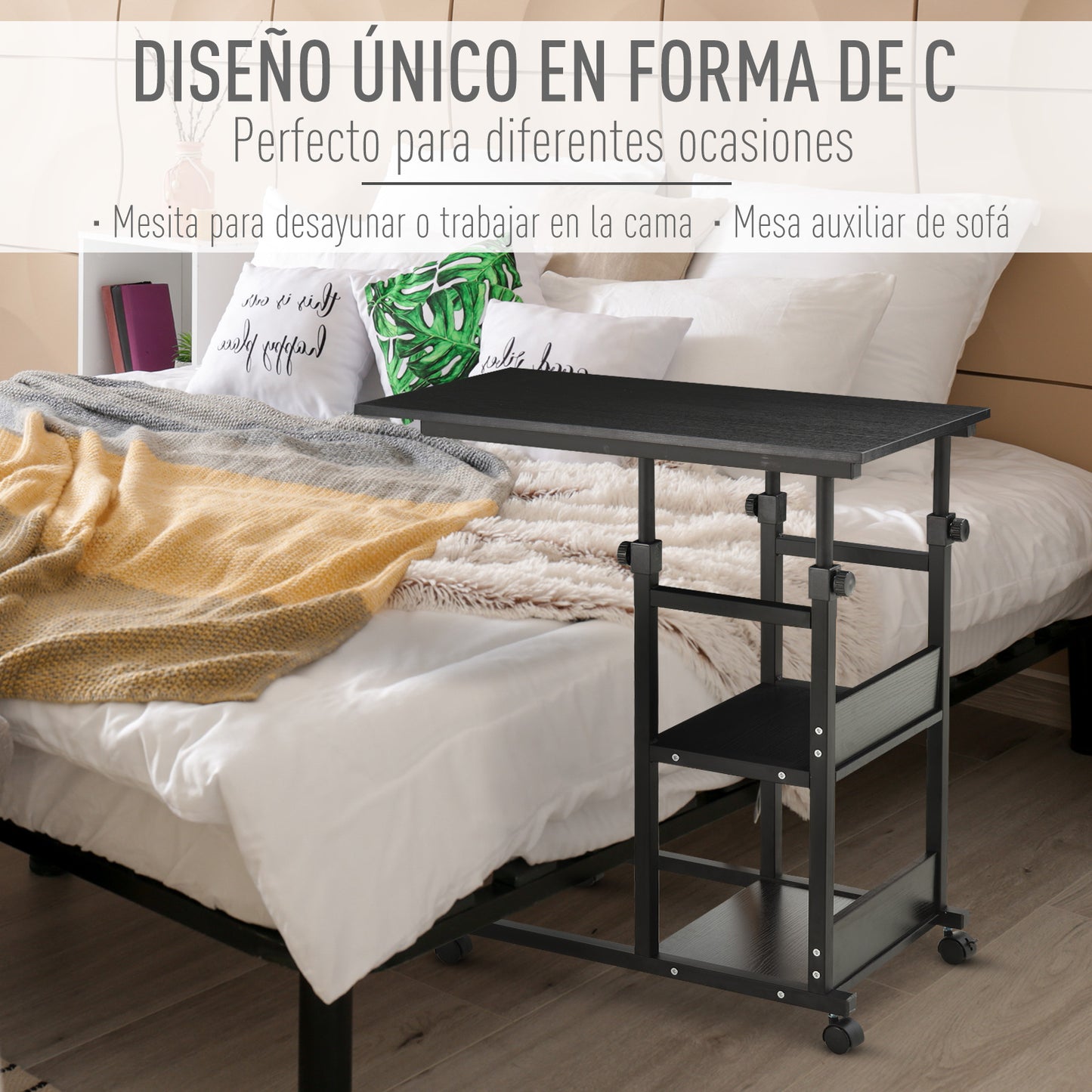 HOMCOM Mesa Auxiliar con Ruedas 80x40 cm Mesa para Sofá en Forma de C con Altura Ajustable 3 Niveles de 72-82 cm Marco de Metal para Salón Cocina Negro