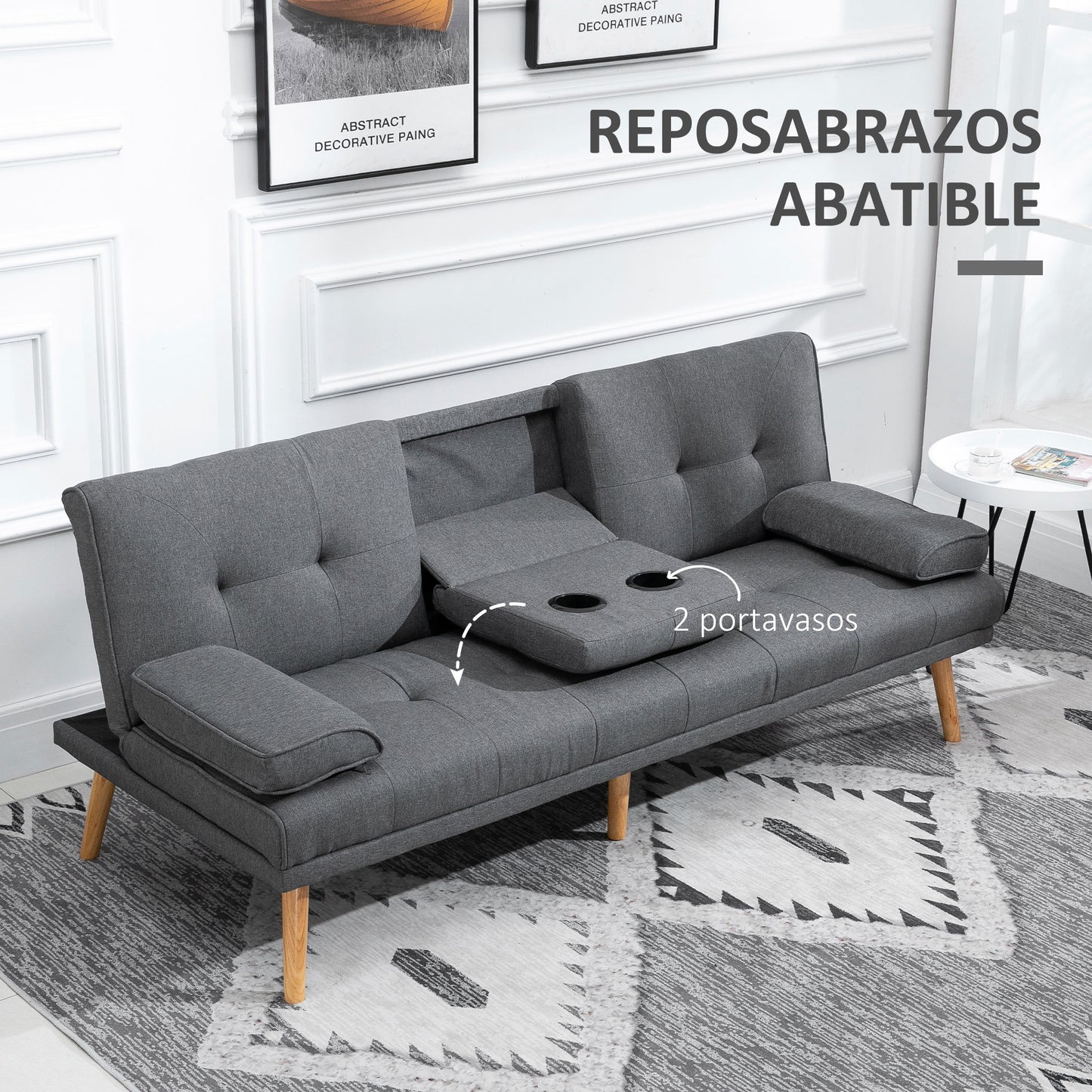 HOMCOM Sofá Cama 3 Plazas Sofá Cama Plegable con Respaldo Ajustable de 3 Niveles Reposabrazos Desmontable y 2 Soportes para Vasos 181x77x78 cm Gris Claro