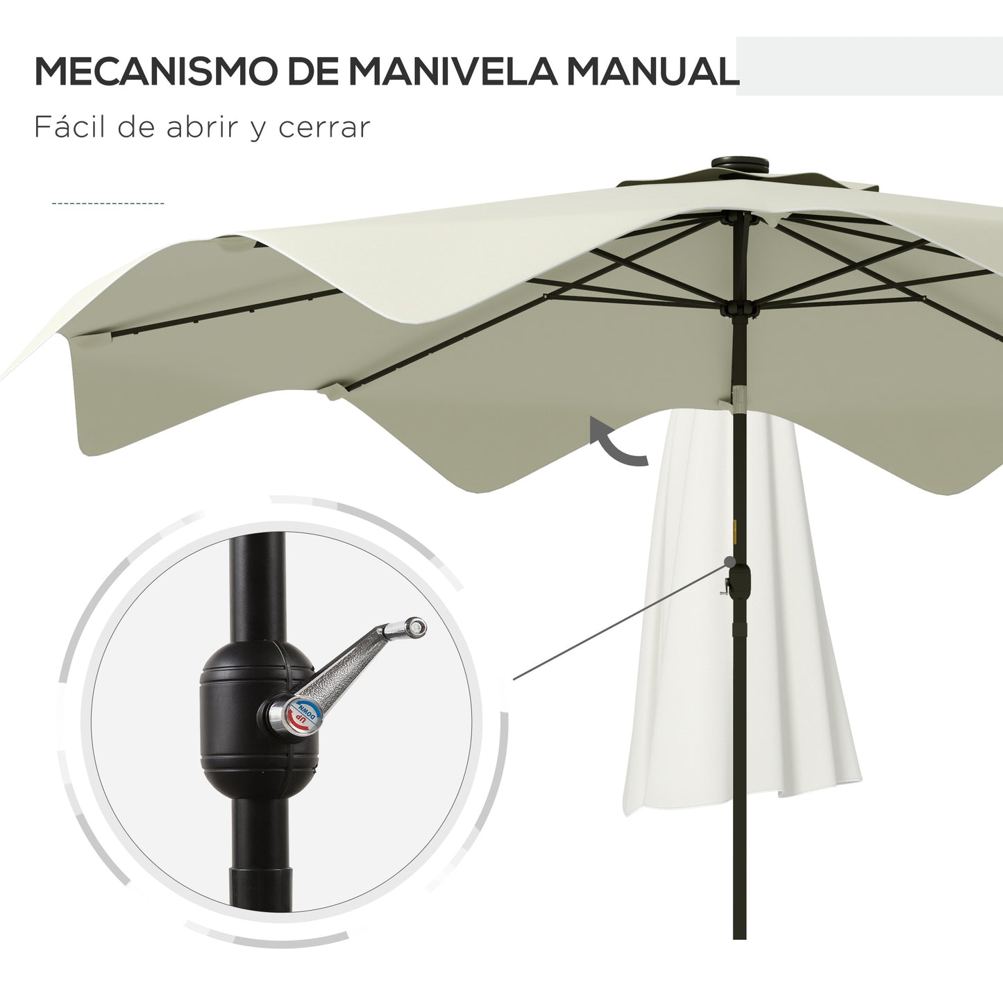 Outsunny Sombrilla de Jardín Ø292x248 cm Parasol de Terraza Manual con 32 Luces LED Solares 8 Varillas Ángulo Ajustable Impermeable y Rejillas de Ventilación para Patio Balcón Crema