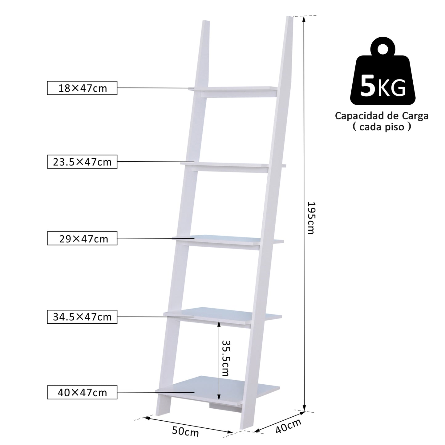 HOMCOM Estantería de Escalera Moderna Estantería para Libros Librería con 5 Estantes para Salón Oficina Estudio 50x40x195 cm Blanco