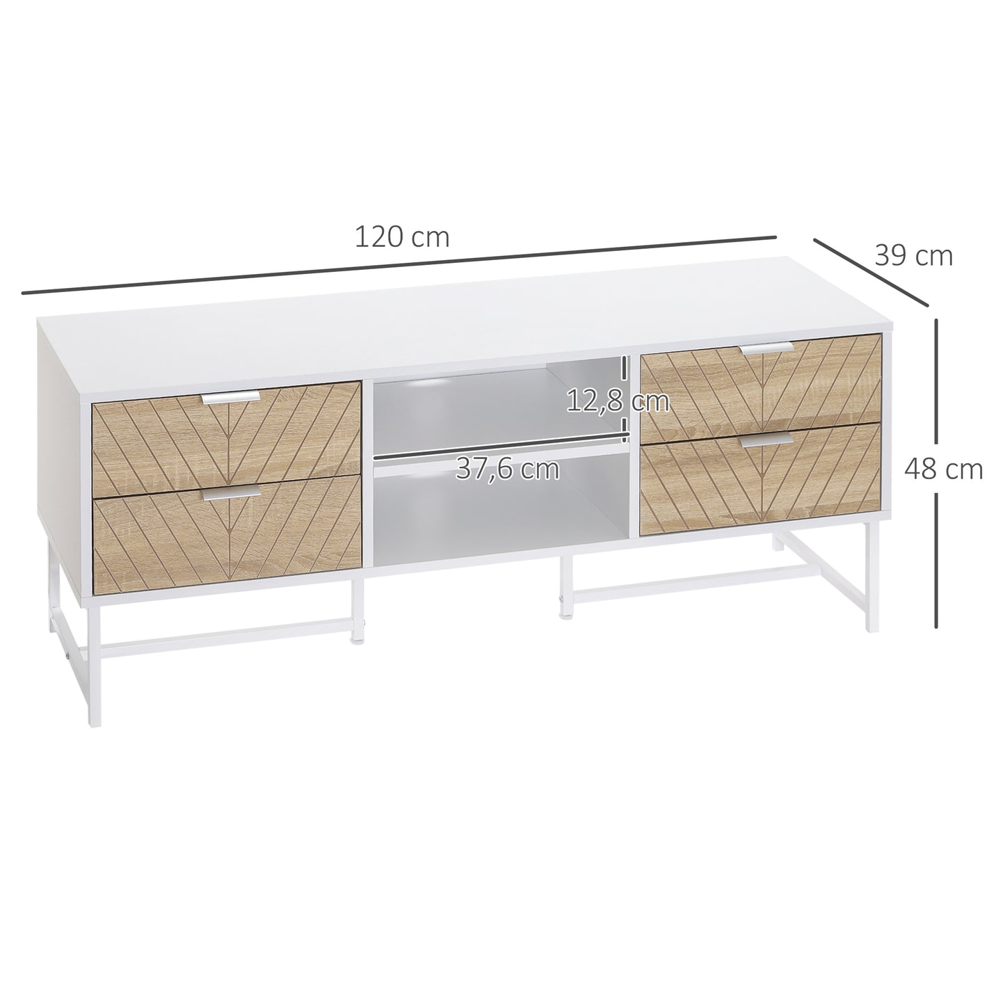 HOMCOM Mueble de TV para Televisores de hasta 47 Pulgadas Mesa para TV de Salón Moderna con 4 Cajones 2 Estantes Abiertos y Gestión de Cables 120x39x48 cm Roble y Blanco