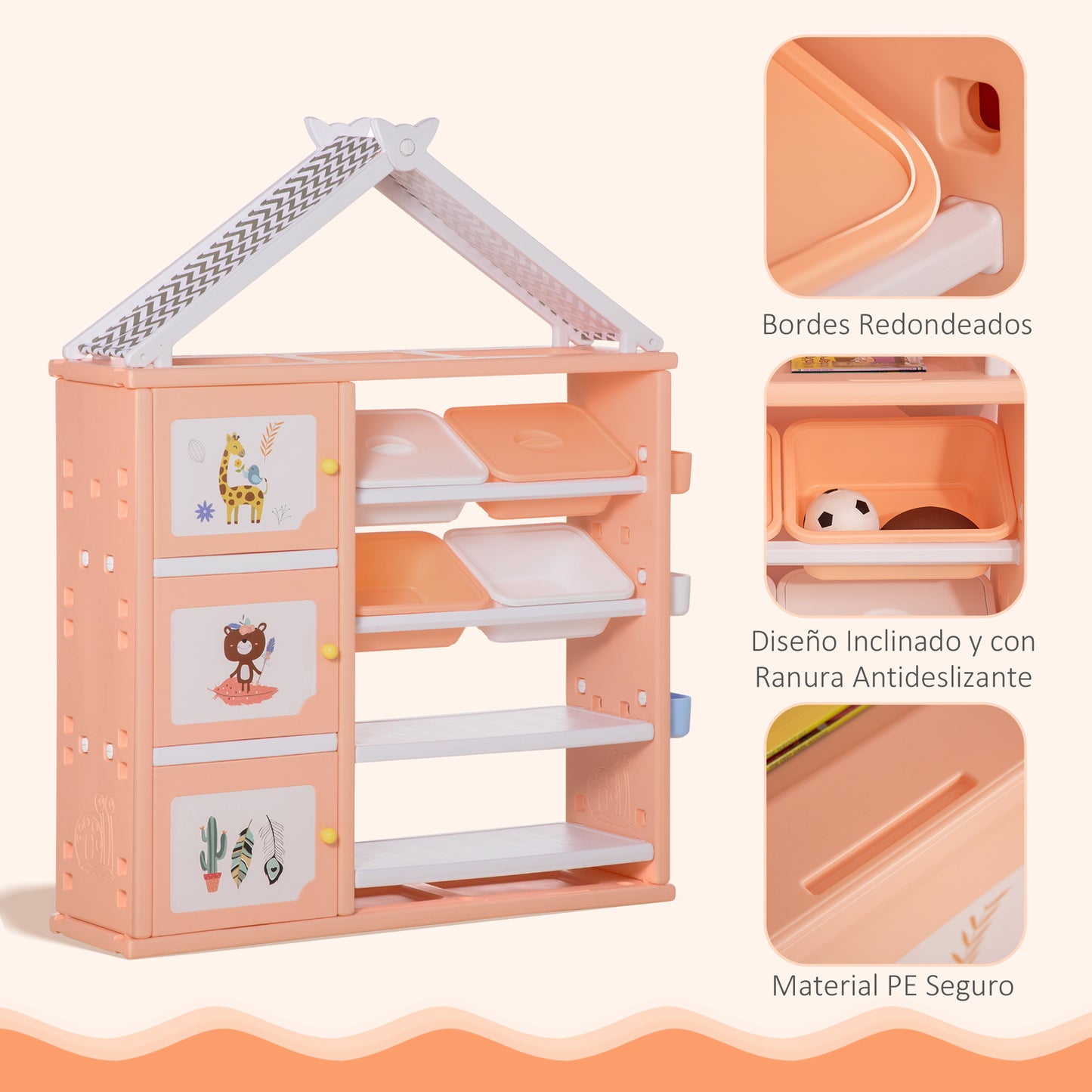 HOMCOM Estantería Infantil de Juguetes con Armario Estantes 4 Cajas y 3 Cestas Organizador de Almacenaje para Habitación de Niños Sala Juegos 128x34x155 cm Naranja Pastel