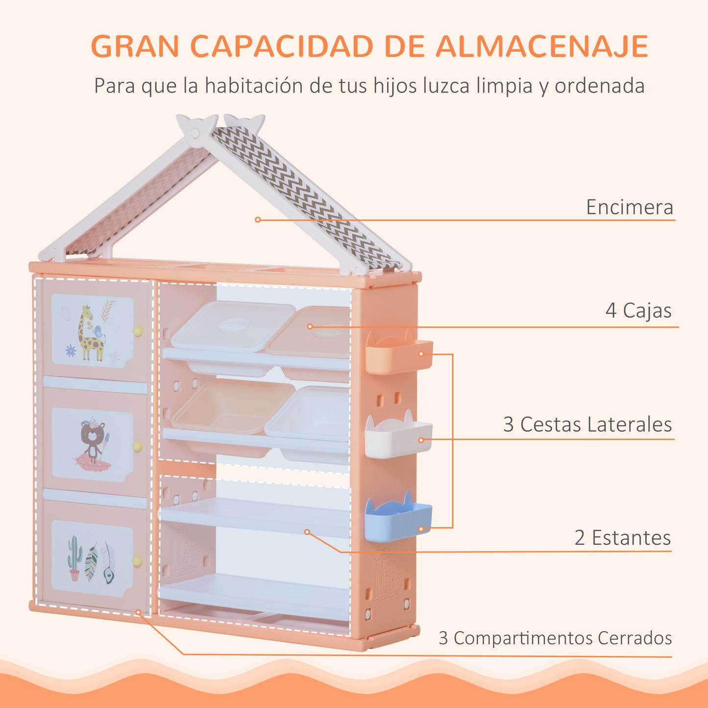 HOMCOM Estantería Infantil de Juguetes con Armario Estantes 4 Cajas y 3 Cestas Organizador de Almacenaje para Habitación de Niños Sala Juegos 128x34x155 cm Naranja Pastel