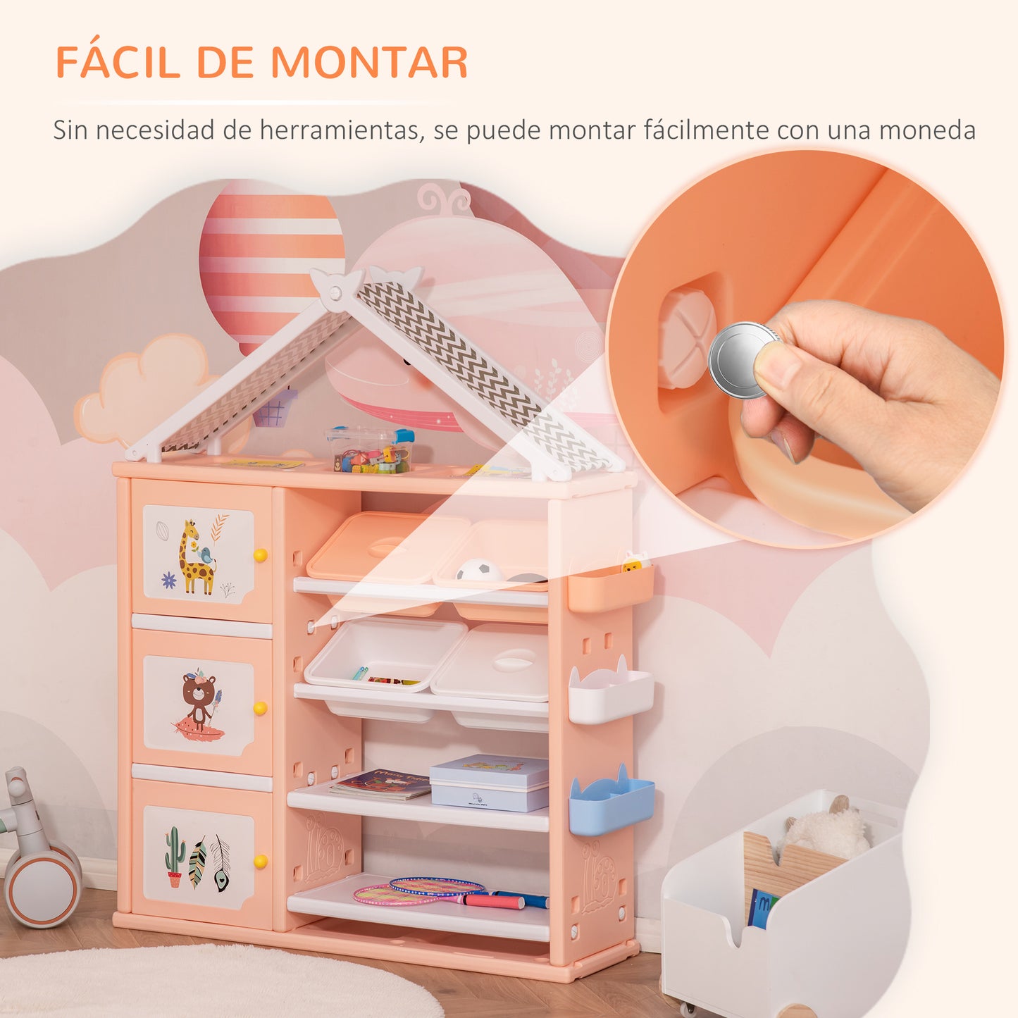 HOMCOM Estantería Infantil de Juguetes con Armario Estantes 4 Cajas y 3 Cestas Organizador de Almacenaje para Habitación de Niños Sala Juegos 128x34x155 cm Naranja Pastel