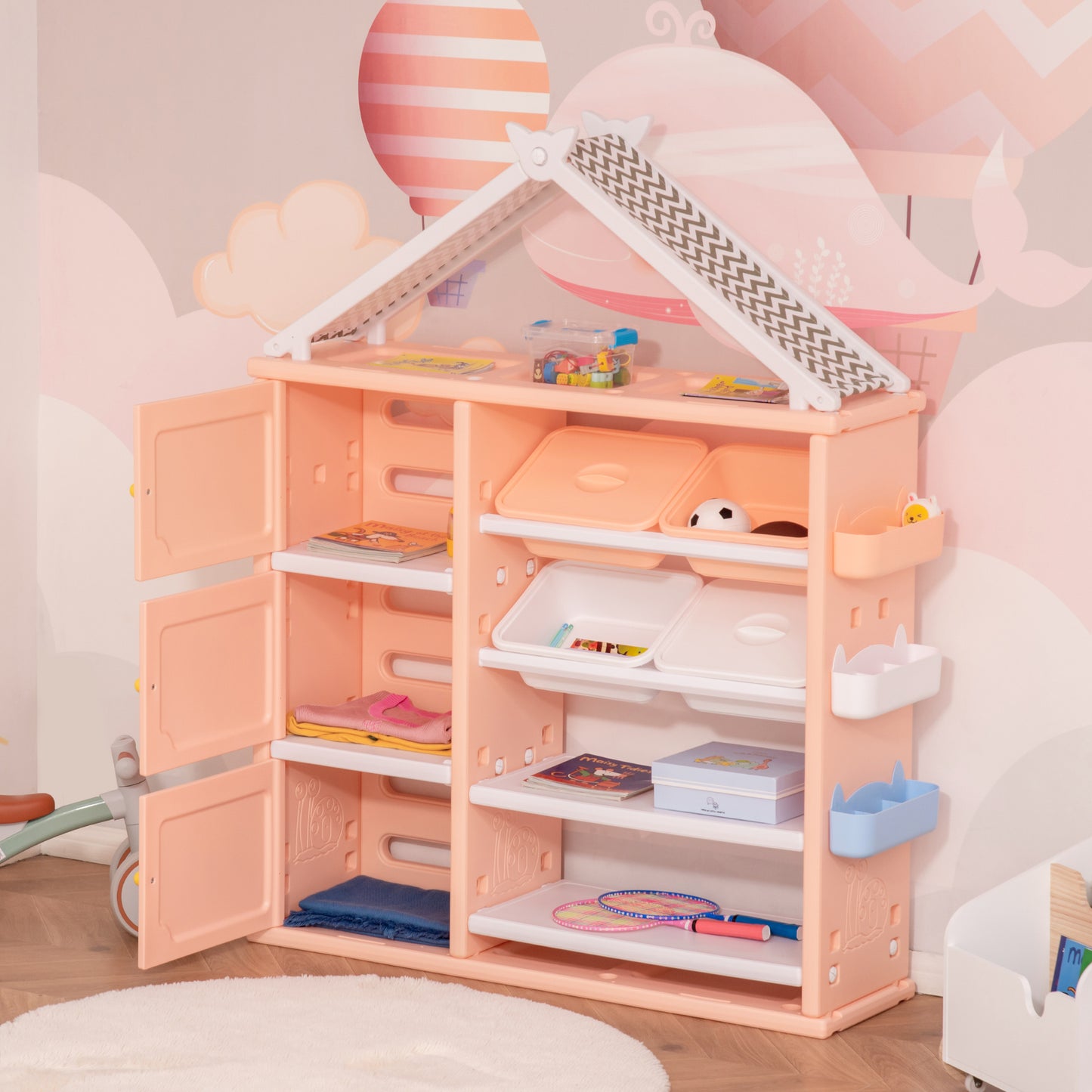 HOMCOM Estantería Infantil de Juguetes con Armario Estantes 4 Cajas y 3 Cestas Organizador de Almacenaje para Habitación de Niños Sala Juegos 128x34x155 cm Naranja Pastel