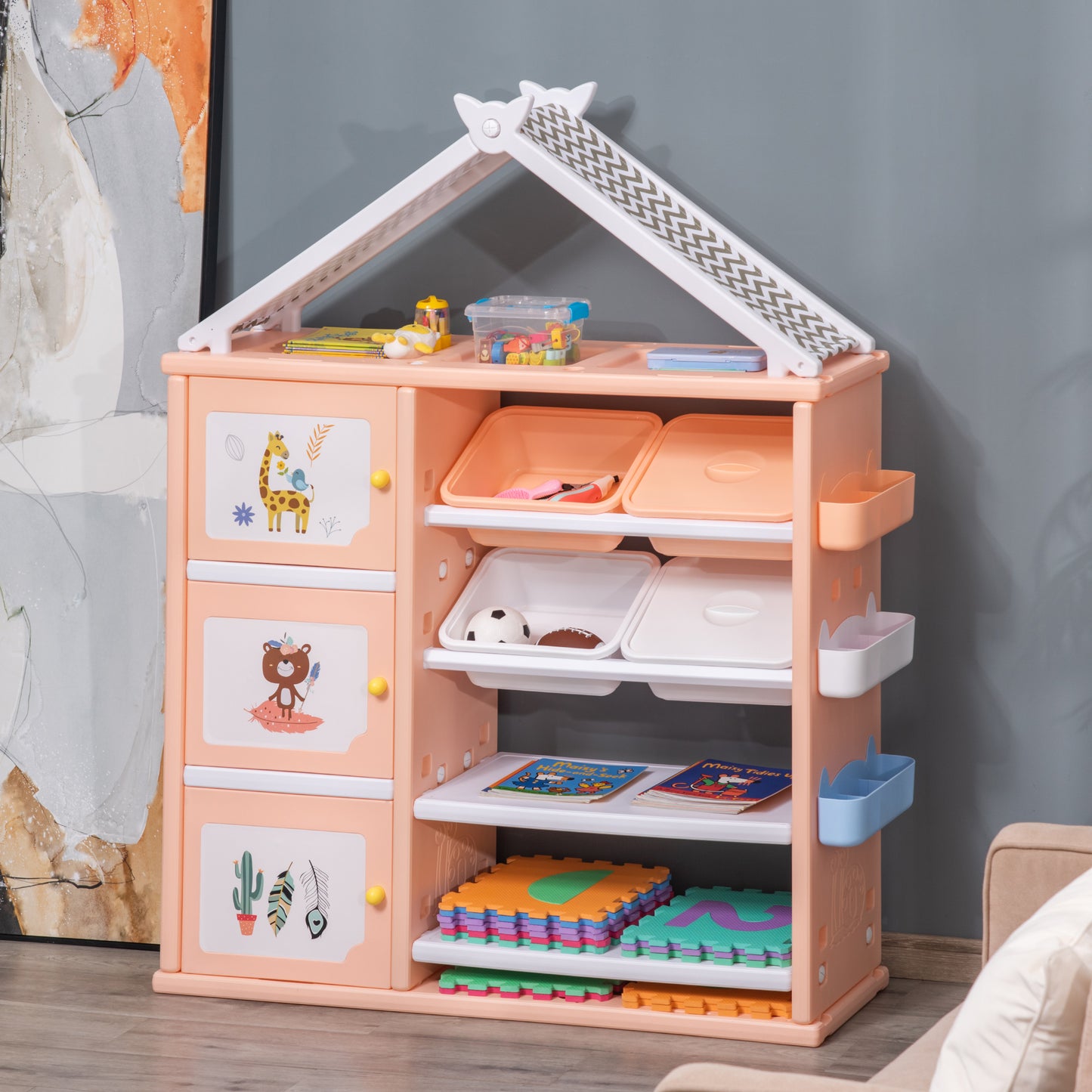 HOMCOM Estantería Infantil de Juguetes con Armario Estantes 4 Cajas y 3 Cestas Organizador de Almacenaje para Habitación de Niños Sala Juegos 128x34x155 cm Naranja Pastel