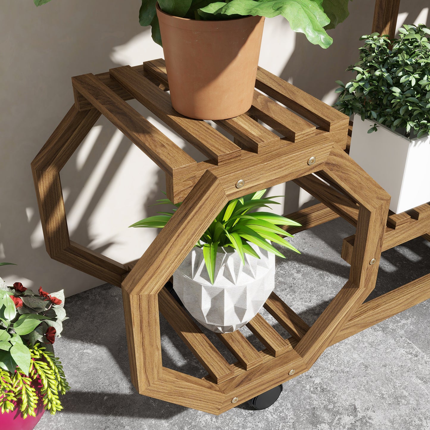 Outsunny Estantería para Plantas de 5 Niveles Soporte para Macetas de Madera Soporte para Plantas con Ruedas para Interiores y Exteriores 86x30x102 cm Carbonizado