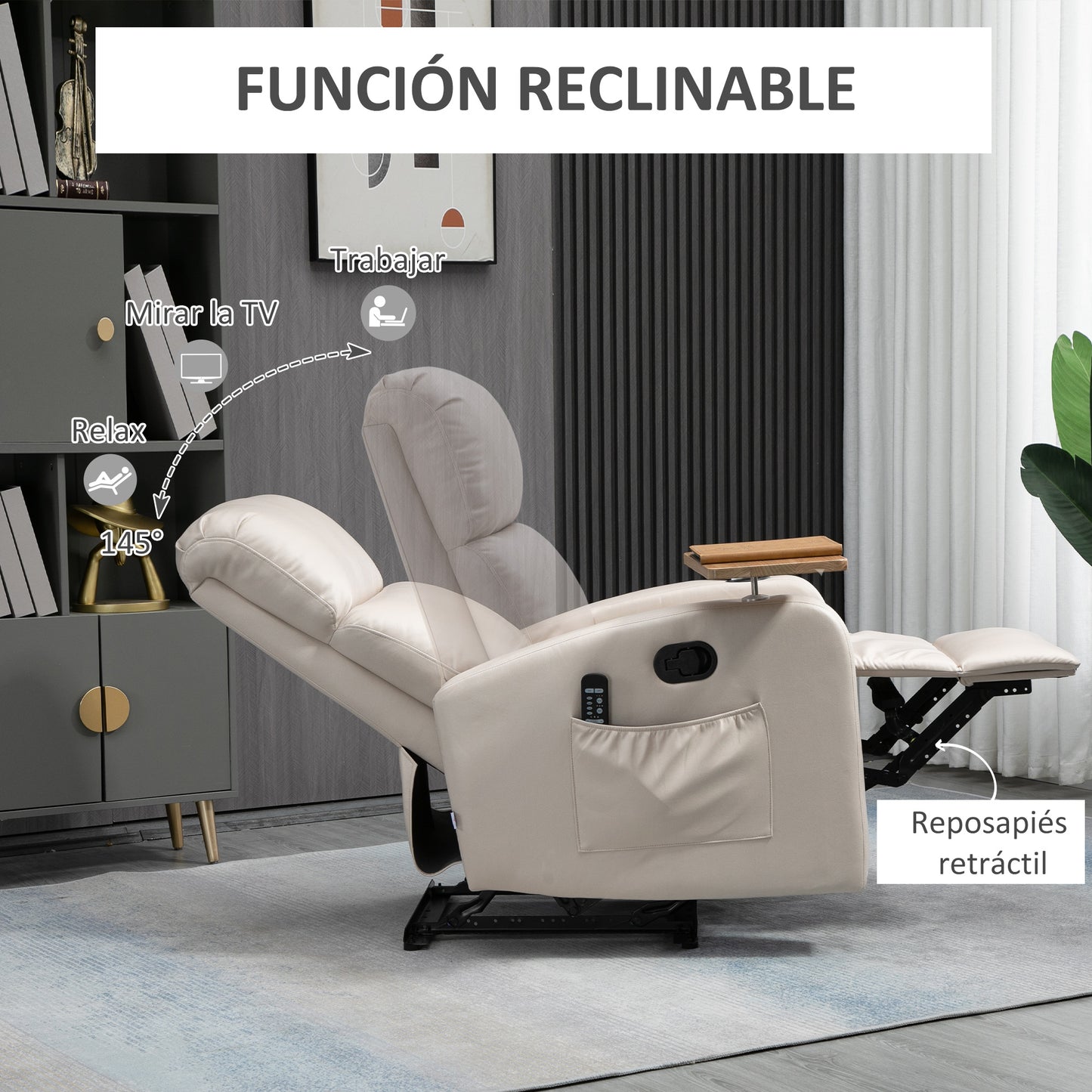 HOMCOM Sillón de Masaje Sillón Relax Eléctrico Sofá Relax con 4 Modos de Vibración Reclinación 145° Mando a Distancia Mesita 2 Bolsillos Laterales y Posavasos 77x93x105 cm Beige