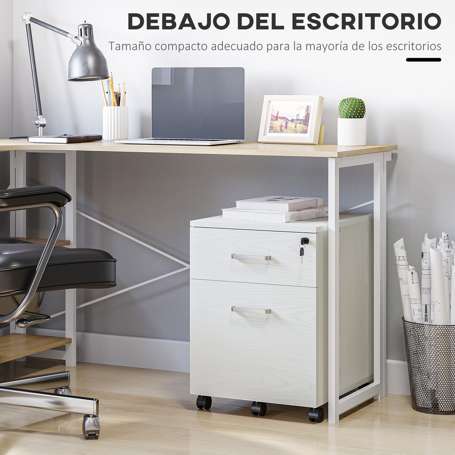 Vinsetto Archivador Móvil para Archivos A4 con Ruedas Gabinete de Archivos Suspendidos con 2 Cajones y Cerradura 40x45x55,6 cm Blanco