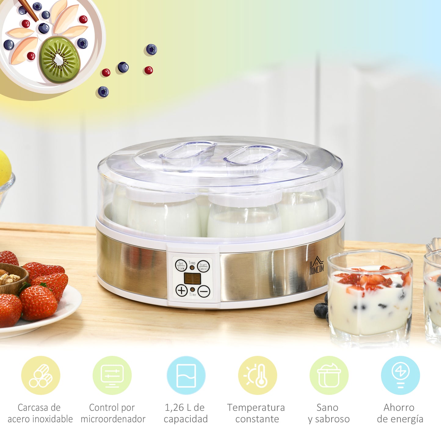 HOMCOM Yogurtera 20W Capacidad 1,26L Máquina de Yogur con 7 Tarros de Cristal de 180 ml Termostato Ajustable Temporizador de 1-48 Horas y Pantalla LED 24x24x13 cm Blanco