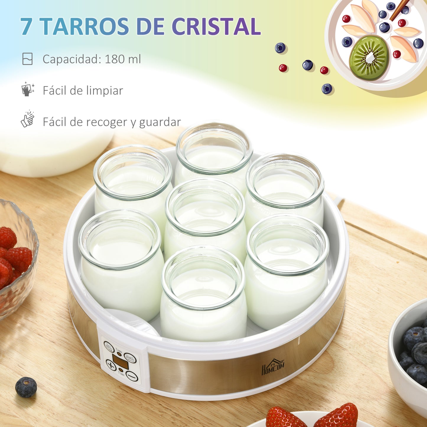 HOMCOM Yogurtera 20W Capacidad 1,26L Máquina de Yogur con 7 Tarros de Cristal de 180 ml Termostato Ajustable Temporizador de 1-48 Horas y Pantalla LED 24x24x13 cm Blanco