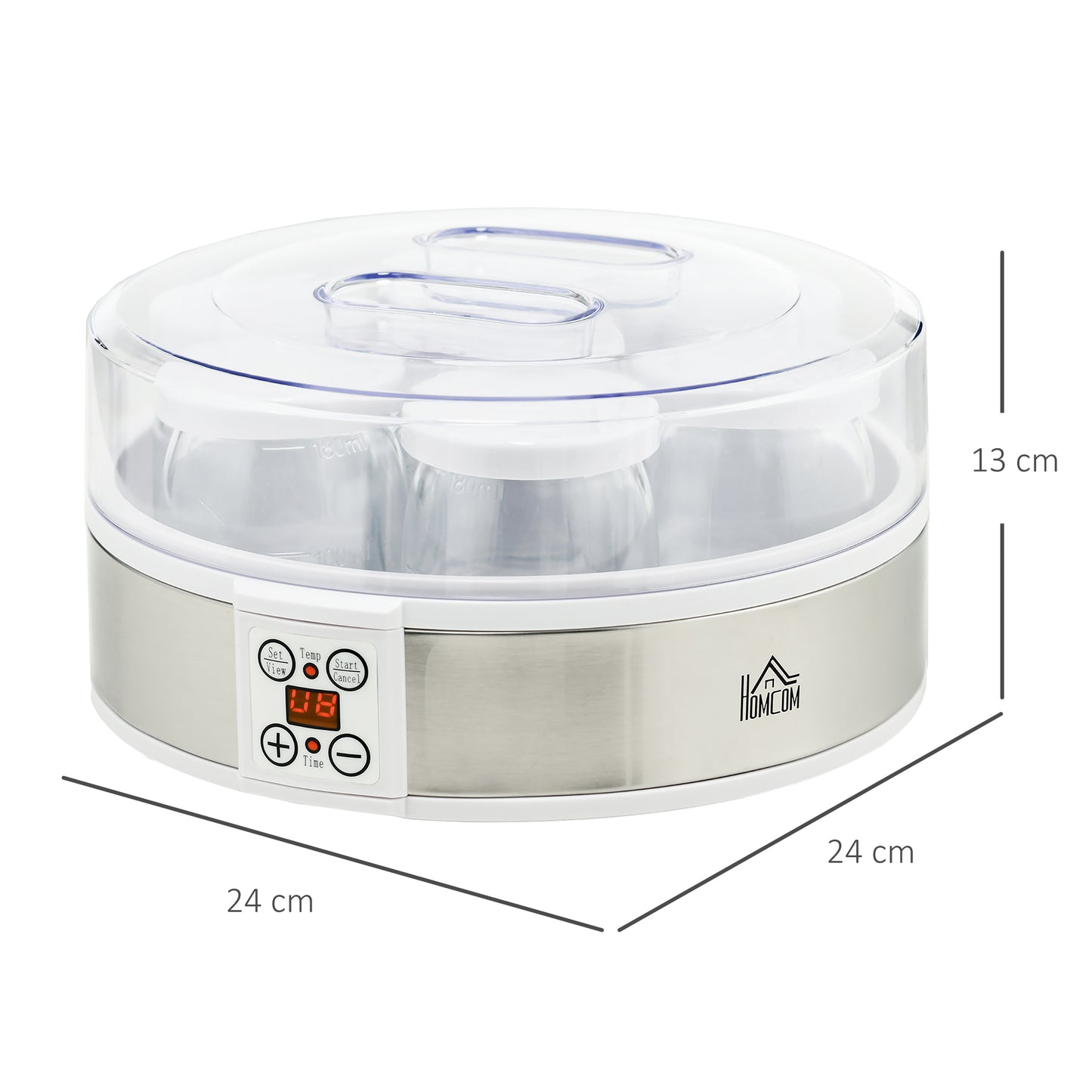 HOMCOM Yogurtera 20W Capacidad 1,26L Máquina de Yogur con 7 Tarros de Cristal de 180 ml Termostato Ajustable Temporizador de 1-48 Horas y Pantalla LED 24x24x13 cm Blanco