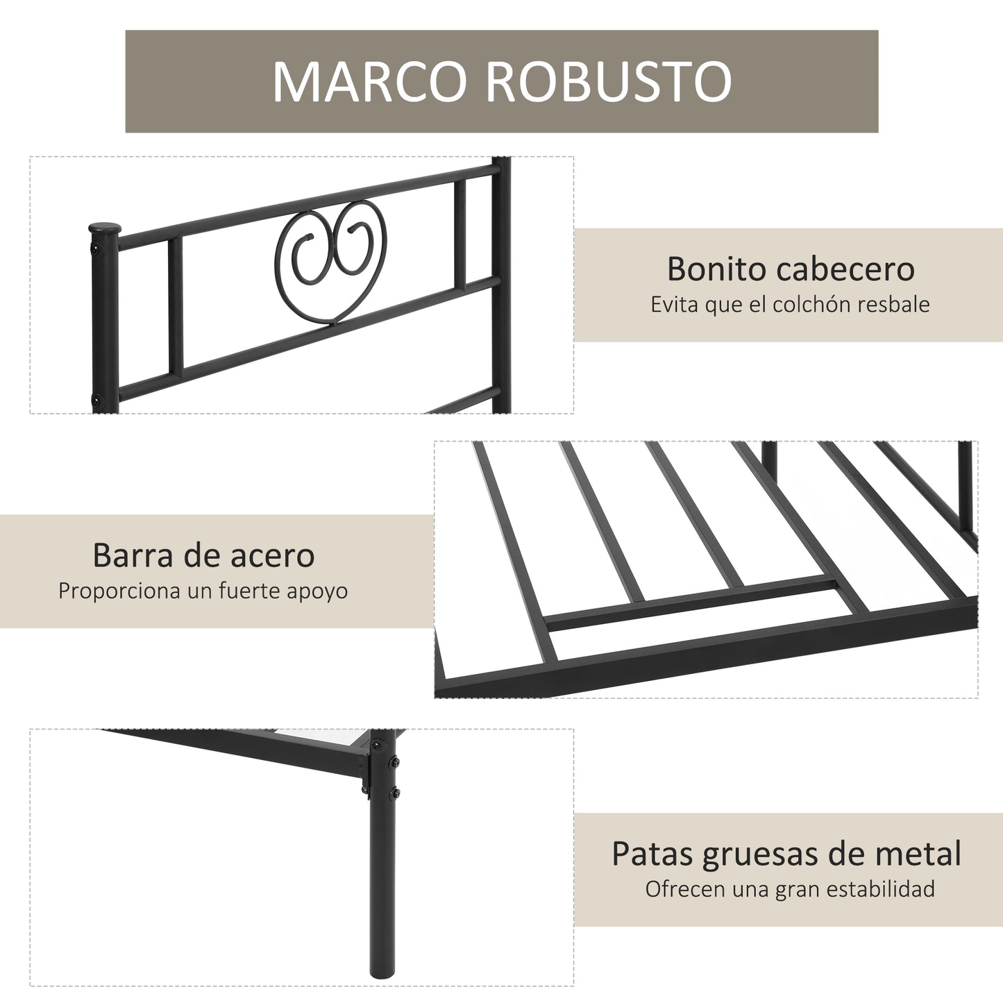 HOMCOM Marco de Cama Individual de Metal 31 cm para Colchón 90x190 cm con Cabecera Forma de Corazón Estructura de Cama con Espacio Bajo de Almacenamiento 95x196x100 cm Negro