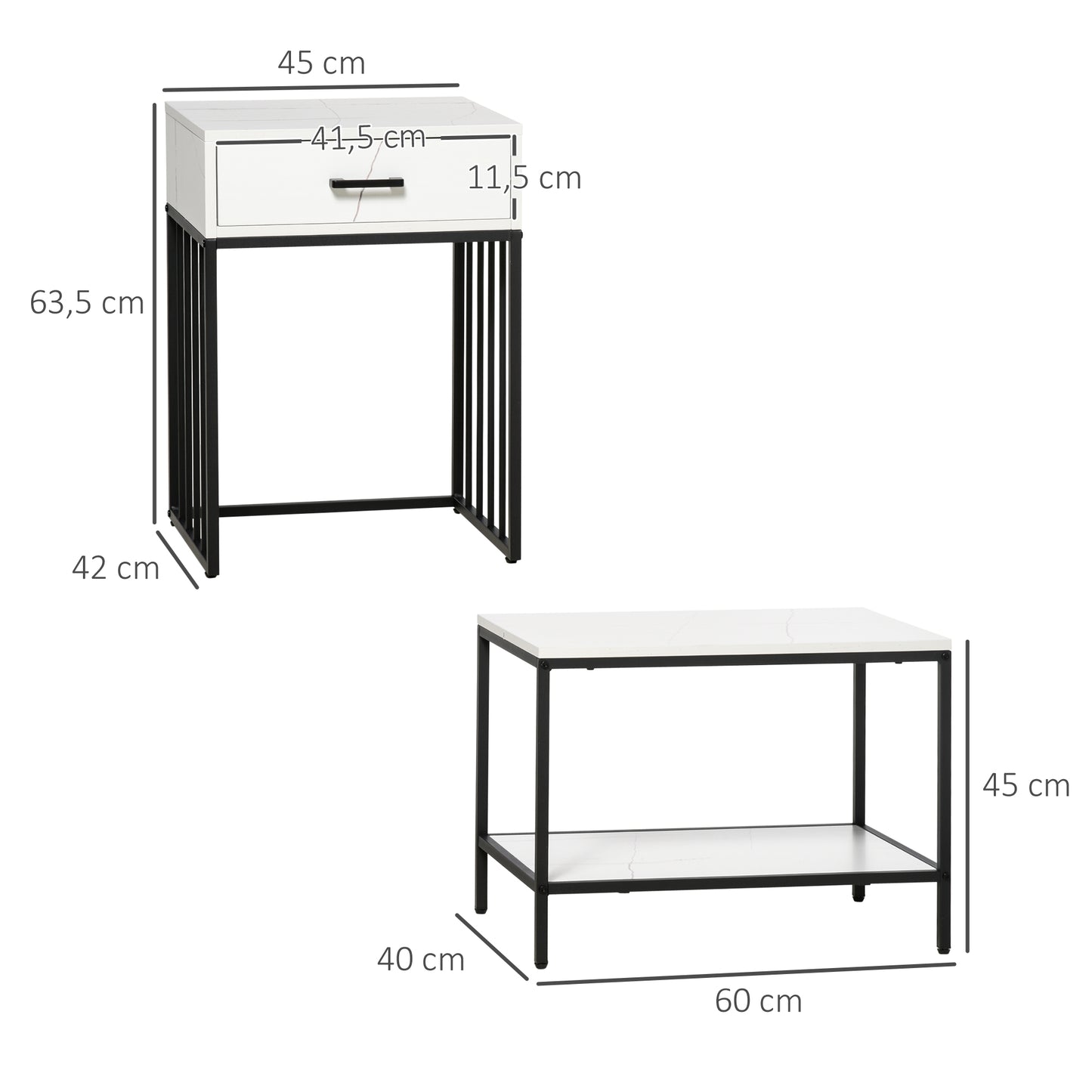 HOMCOM Juego de 2 Mesas de Centro Modernas con Encimera de Mármol Mesas Auxiliares Anidadas con Estante y Cajón 45x42x63,5 cm y 40x60x45 cm Blanco