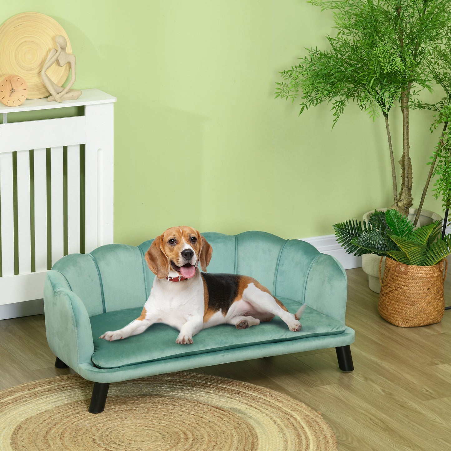 PawHut Sofá para Perros Medianos Sofá Cama para Mascotas Gatos Tapizado en Terciopelo con Patas de Madera Carga 25 kg 98,5x60,5x35,5 cm Verde