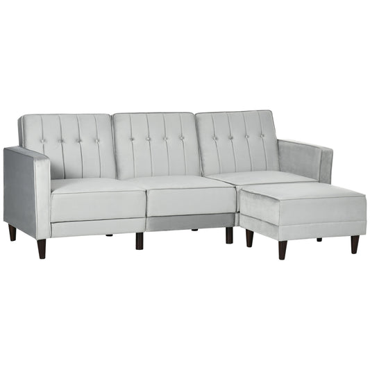 HOMCOM Sofá Cama con Chaise Longue de 3 Plazas Convertible con Reposapiés Movible Respaldo Ajustable y Reposabrazos Tacto Aterciopelado 218x85x86 cm Gris Claro