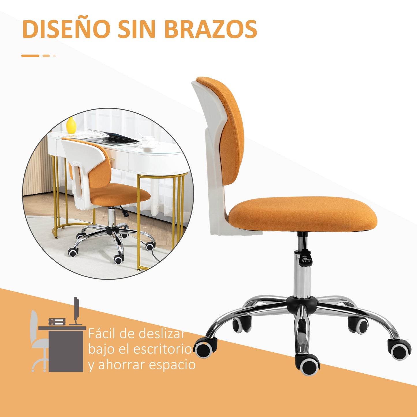 Vinsetto Silla de Oficina sin Brazos Silla de Escritorio Giratoria Tapizado de Tela con Altura Ajustable Estilo Moderno Carga 120 kg 48x53x80-90 cm Naranja