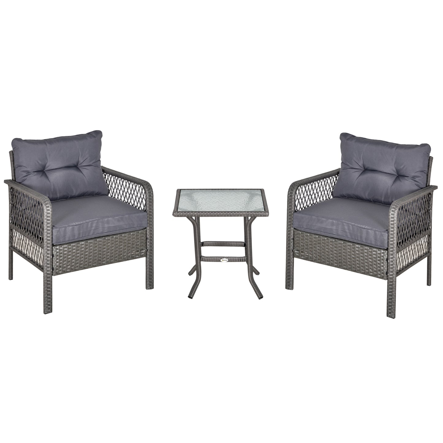 Outsunny Conjunto de Muebles de Ratán Juegos de 3 Piezas de Jardín 2 Sillones 65x66x75 cm y Mesa de Vidrio Templado 50x50x50 cm con Cojines Acolchados para Terraza Patio Gris