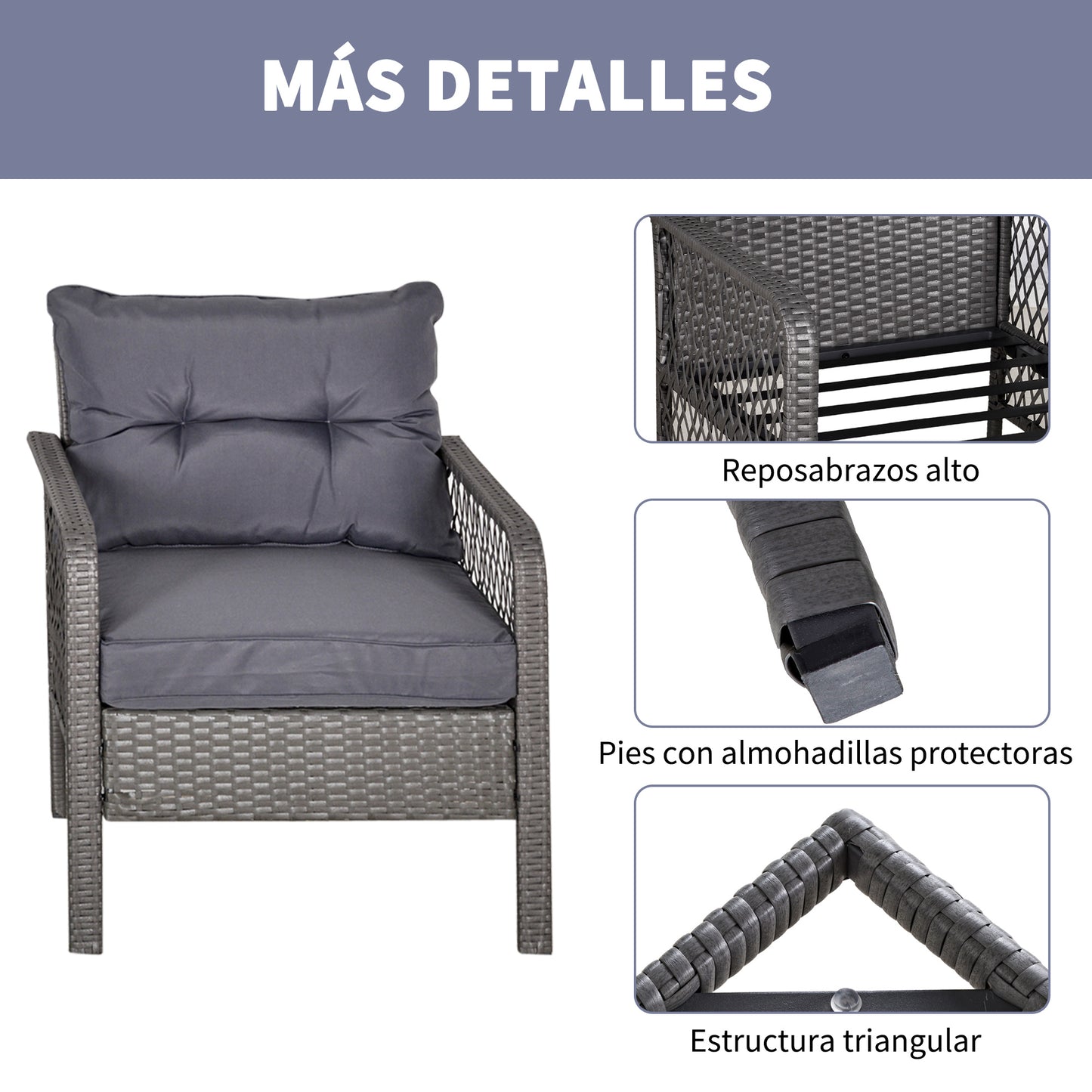 Outsunny Conjunto de Muebles de Ratán Juegos de 3 Piezas de Jardín 2 Sillones 65x66x75 cm y Mesa de Vidrio Templado 50x50x50 cm con Cojines Acolchados para Terraza Patio Gris