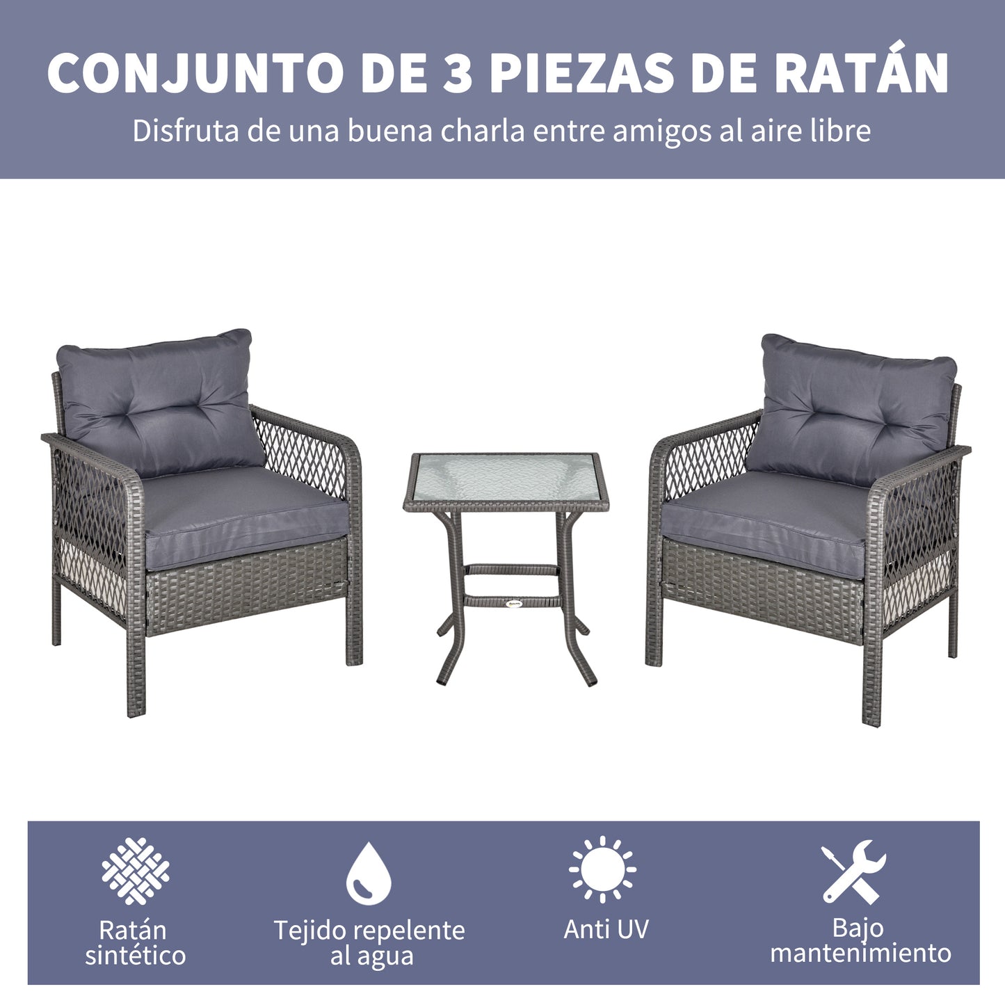 Outsunny Conjunto de Muebles de Ratán Juegos de 3 Piezas de Jardín 2 Sillones 65x66x75 cm y Mesa de Vidrio Templado 50x50x50 cm con Cojines Acolchados para Terraza Patio Gris