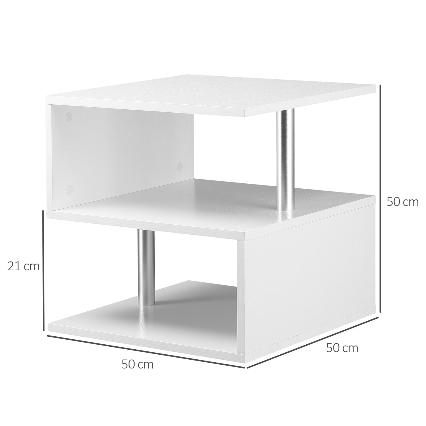 HOMCOM Mesita Auxiliar Mesa Auxiliar Pequeña Mesa para Sofá de Forma S con Compartimento Abierto Diseño Moderno 50x50x50 cm Blanco