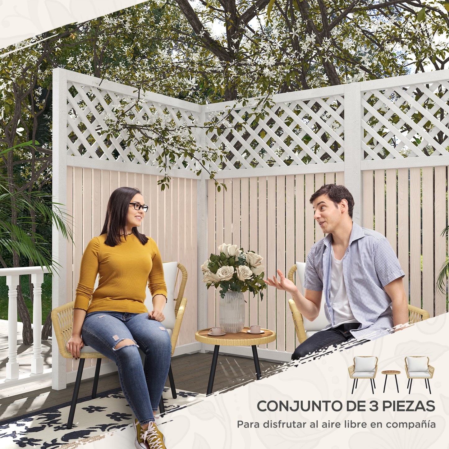 Outsunny Conjunto de Muebles de Jardín Juego de 3 Piezas Sillas y Mesa de Ratán con 2 Sillas 1 Mesa de Centro Redonda y Cojines para Terraza Césped Balcón Natural