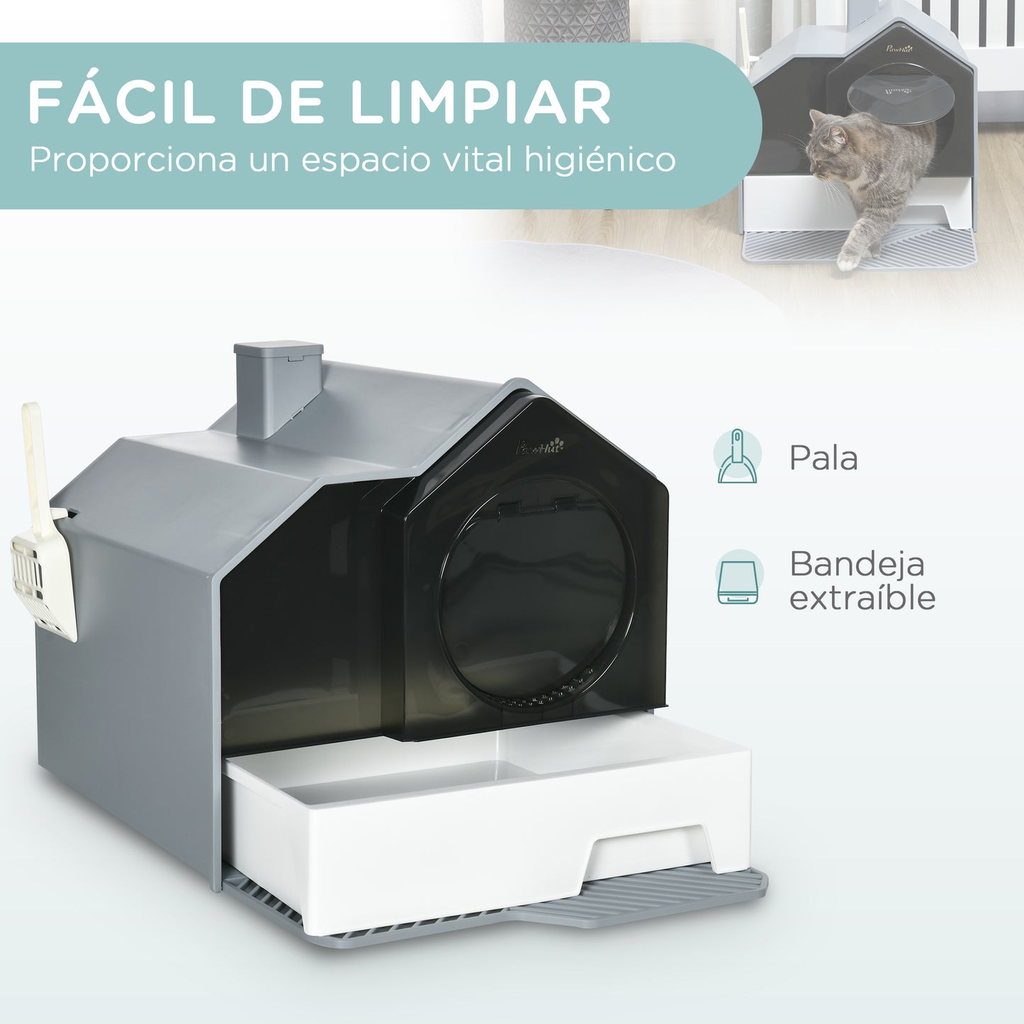 PawHut Arenero Cubierto para Gatos Caja de Arena Cerrada para Gatos con Bandeja Extraíble Pala Pedal Exterior y Filtro Desodorizante 47x45x42 cm Gris