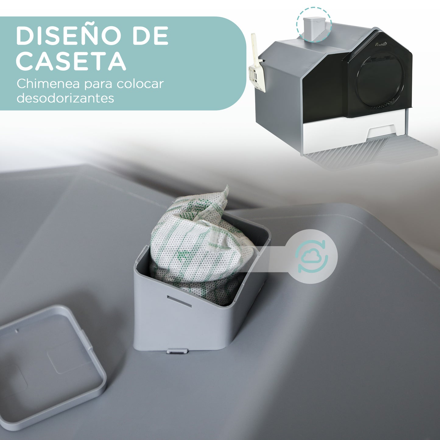 PawHut Arenero Cubierto para Gatos Caja de Arena Cerrada para Gatos con Bandeja Extraíble Pala Pedal Exterior y Filtro Desodorizante 47x45x42 cm Gris