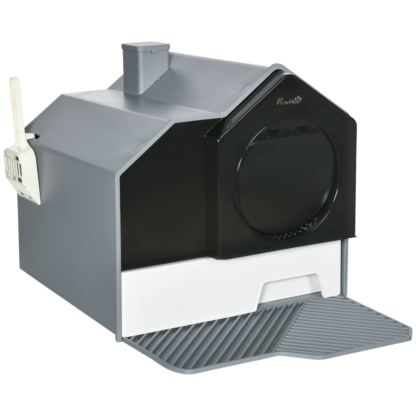 PawHut Arenero Cubierto para Gatos Caja de Arena Cerrada para Gatos con Bandeja Extraíble Pala Pedal Exterior y Filtro Desodorizante 47x45x42 cm Gris