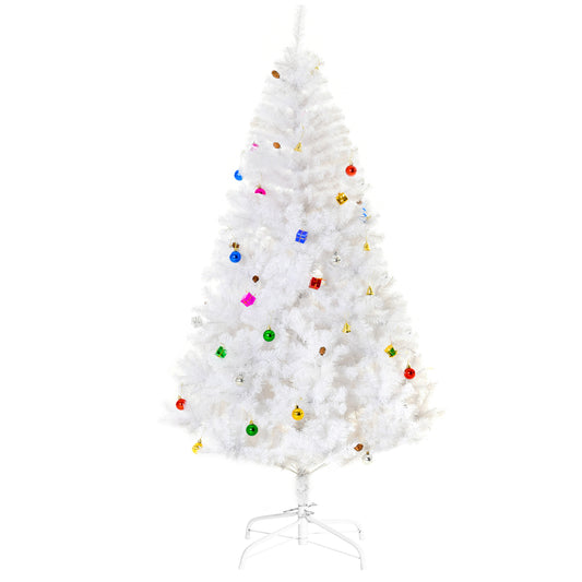 HOMCOM Árbol de Navidad 180cm Artificial Pino con Adornos Decorativos 48 Pcs y Soporte Metálico Color Blanco Árbol Realista para Decoración Navidad