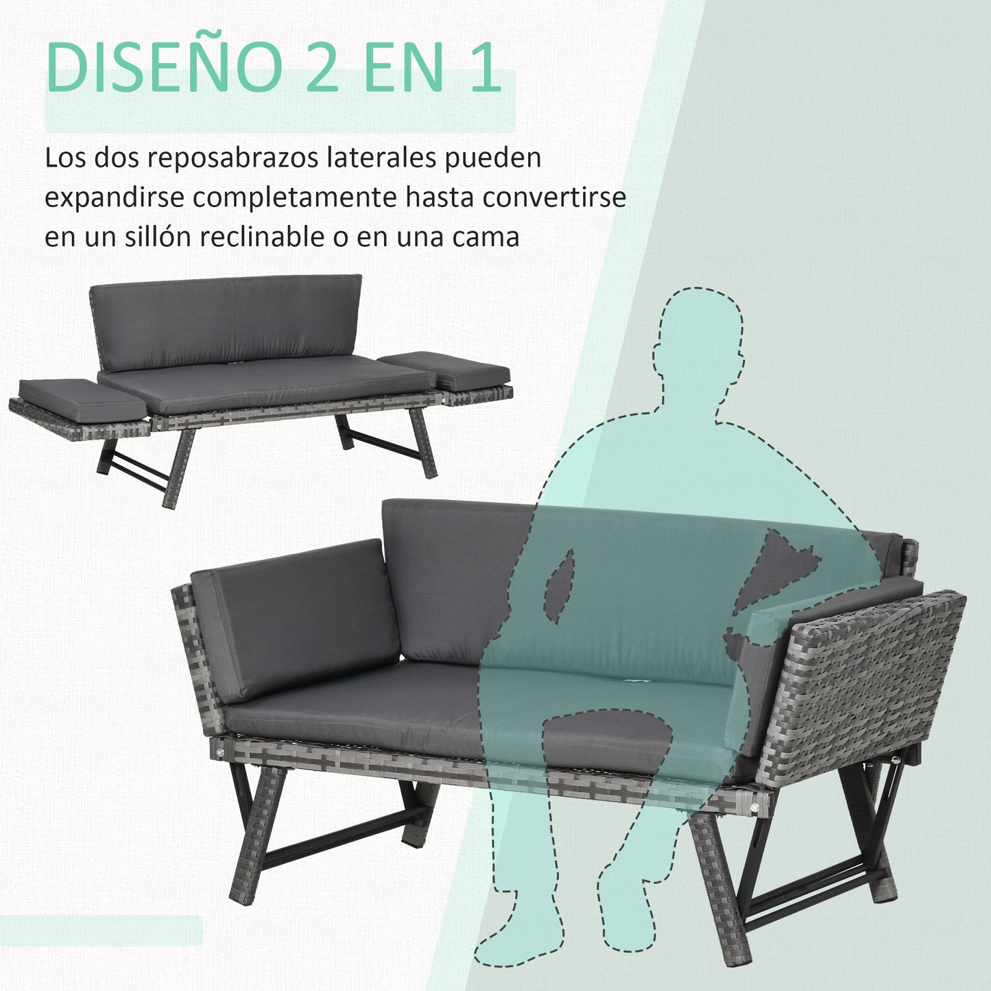 Outsunny Sofá de Ratán de 2 Plazas Convertible en Cama Individual con Reposabrazos Abatibles y Cojines Acolchados Jardín Patio Terraza 129x63x67 cm Gris