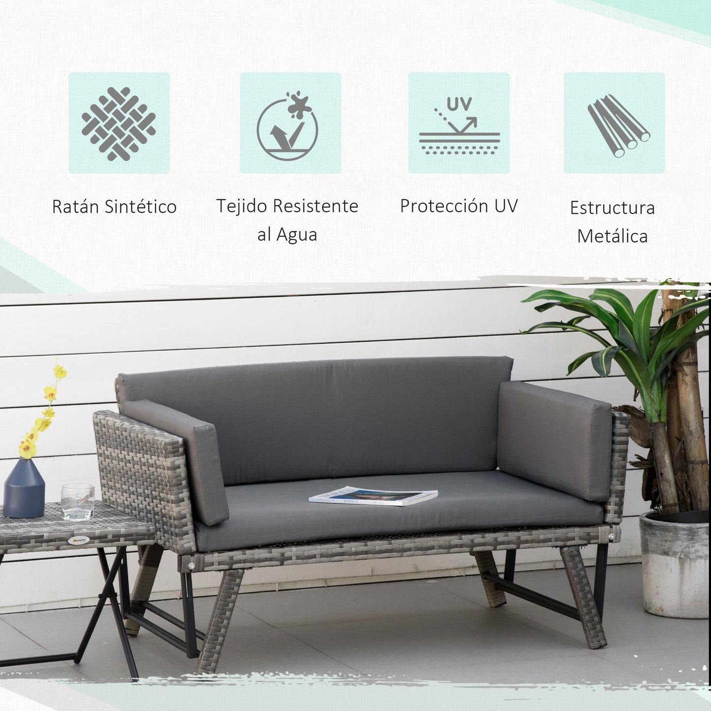 Outsunny Sofá de Ratán de 2 Plazas Convertible en Cama Individual con Reposabrazos Abatibles y Cojines Acolchados Jardín Patio Terraza 129x63x67 cm Gris