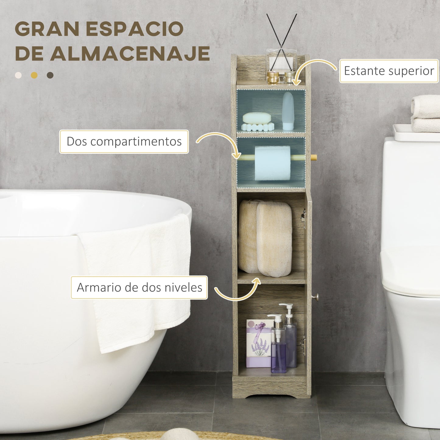 kleankin Armario de Baño Columna Auxiliar de Baño Armario Multiusos con Estante Ajustable y Portarrollos de Papel para Dormitorio 23x18x100 cm Gris