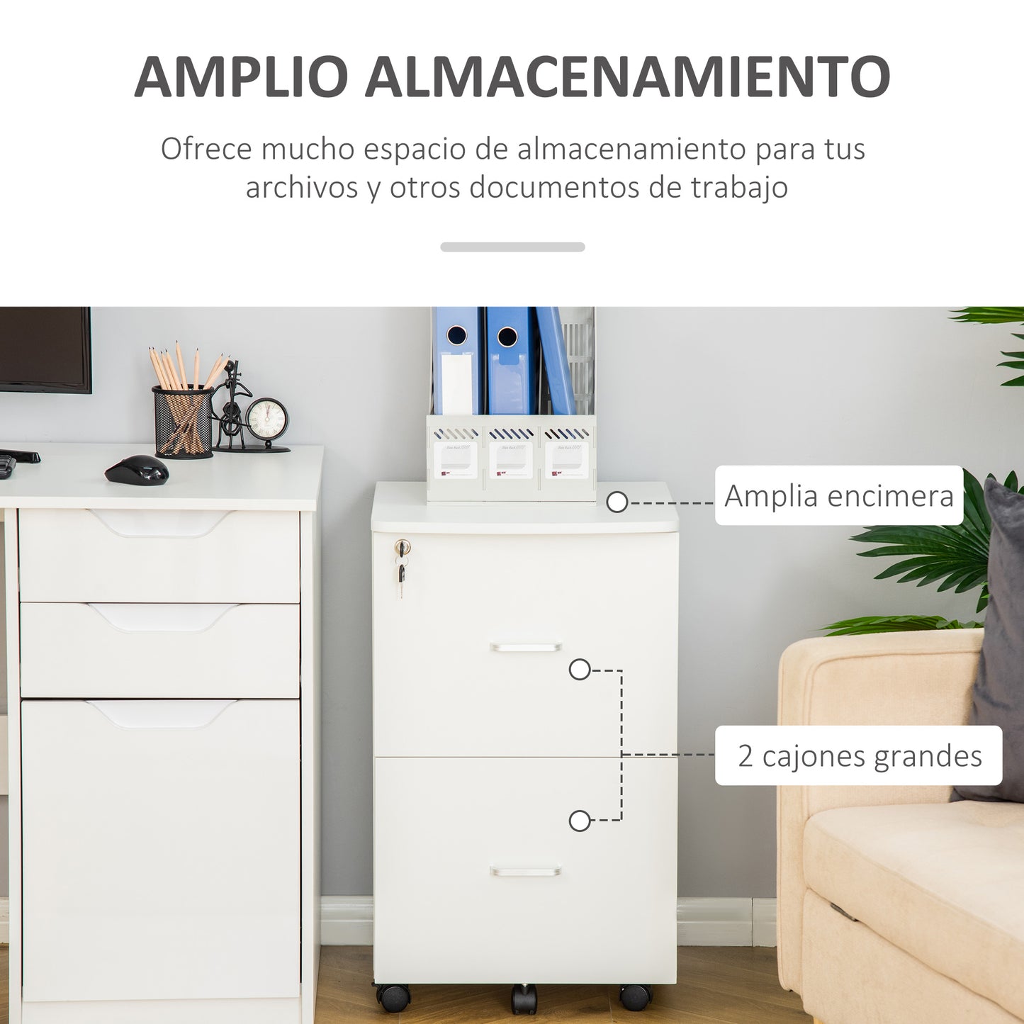 Vinsetto Cajonera de Oficina Mueble Auxiliar para Archivos con 2 Cajones Cerradura de 2 Llaves 5 Ruedas para Tamaño Carta A4 para Estudio Despacho Dormitorio 43x45x72 cm Blanco