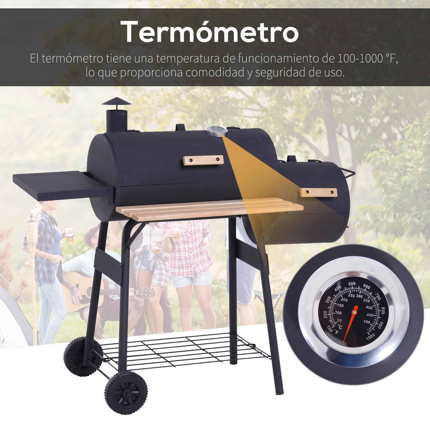 Outsunny Barbacoa de Carbón 3 en 1 Ahumador Parilla de Carbón Barbacoa de BBQ 124x53x104 cm con Termómetro y Ruedas Estantes de Madera Picnic Acampada al Aire Libre