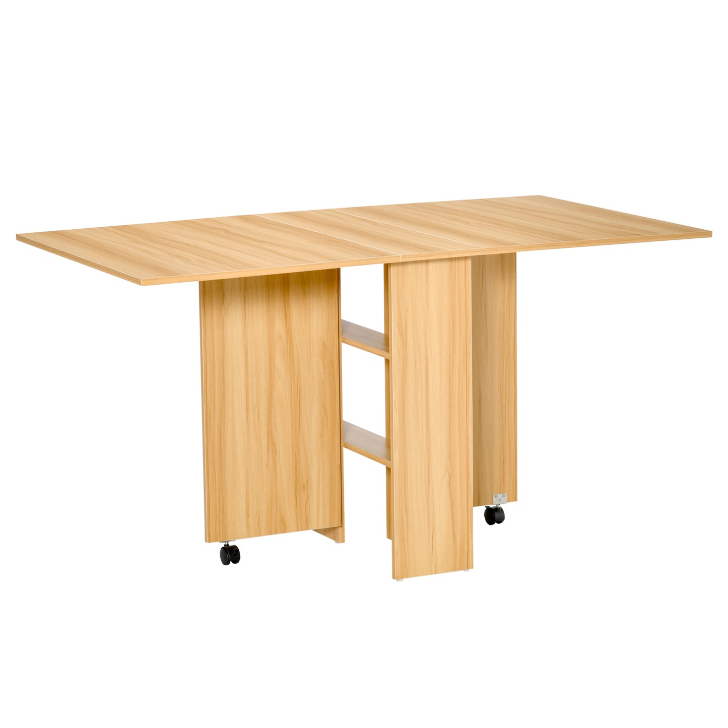 HOMCOM Mesa de Comedor Plegable Mesa de Madera con 2 Solapas 2 Estantes de Almacenaje y Ruedas para Cocina 140x80x74cm cm Madera