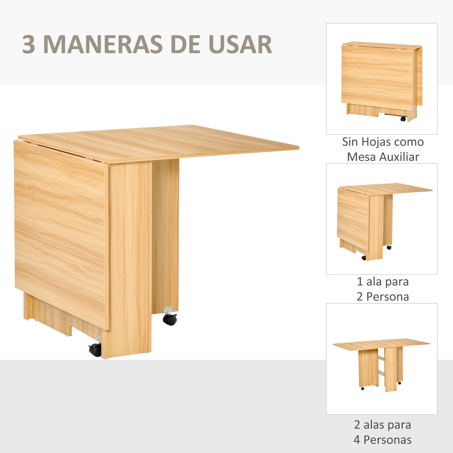 HOMCOM Mesa de Comedor Plegable Mesa de Madera con 2 Solapas 2 Estantes de Almacenaje y Ruedas para Cocina 140x80x74cm cm Madera