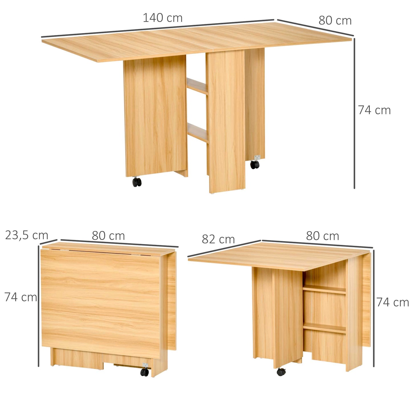 HOMCOM Mesa de Comedor Plegable Mesa de Madera con 2 Solapas 2 Estantes de Almacenaje y Ruedas para Cocina 140x80x74cm cm Madera