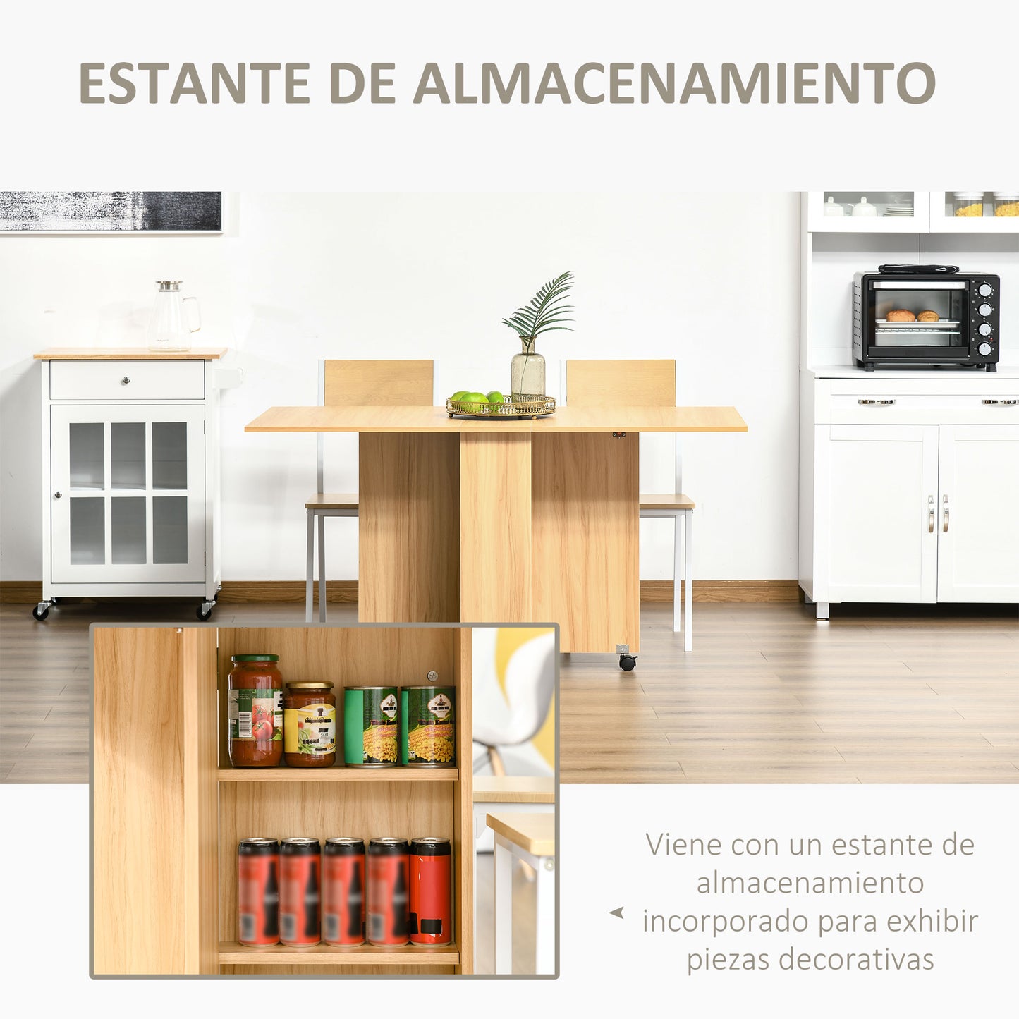 HOMCOM Mesa de Comedor Plegable Mesa de Madera con 2 Solapas 2 Estantes de Almacenaje y Ruedas para Cocina 140x80x74cm cm Madera