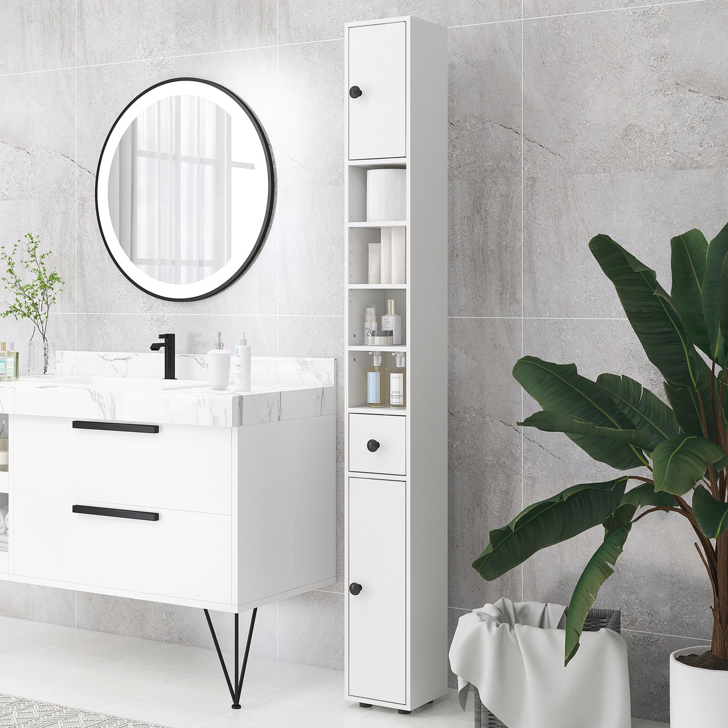 Kleankin Mueble Auxiliar Baño Moderno Armario Alto de Baño con 1 Cajón 5 Estantes Ajustables y 2 Armarios Mueble de Almacenaje para Salón Dormitorio Carga 30 kg 20x20x180 cm Blanco