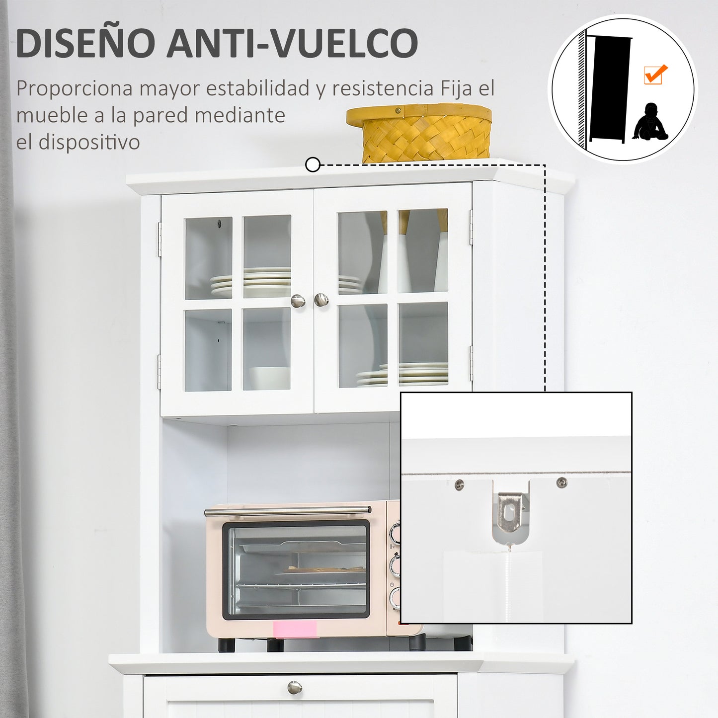 HOMCOM Aparador Alacena de Cocina Mueble Auxiliar para Microondas con 2 Armarios y Cajón 68,6x40x164 cm Blanco