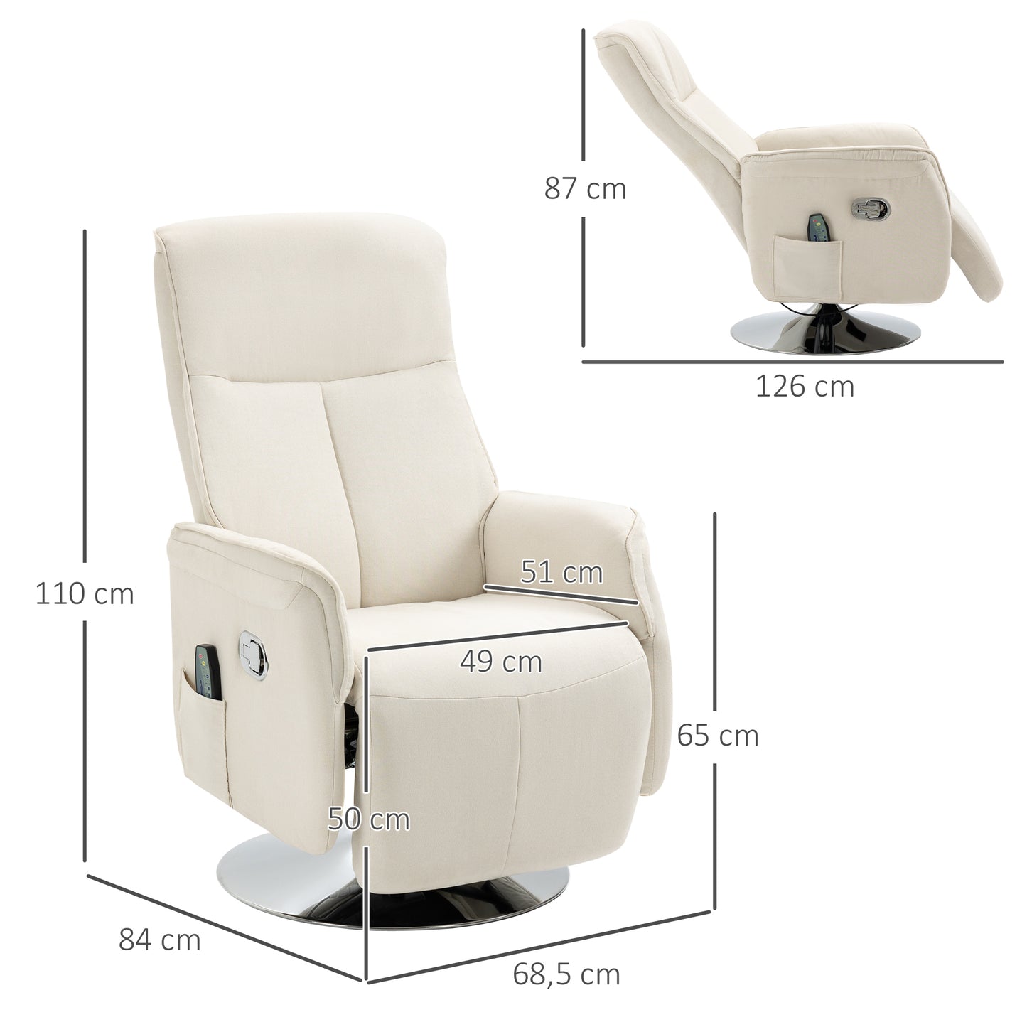 HOMCOM Sillón de Masaje Eléctrico con Reposapiés Sillón Relax Giratorio Reclinable hasta 135° con Control Remoto 10 Zonas de Masaje y Bolsillo Lateral 68,5x84x110 cm Crema