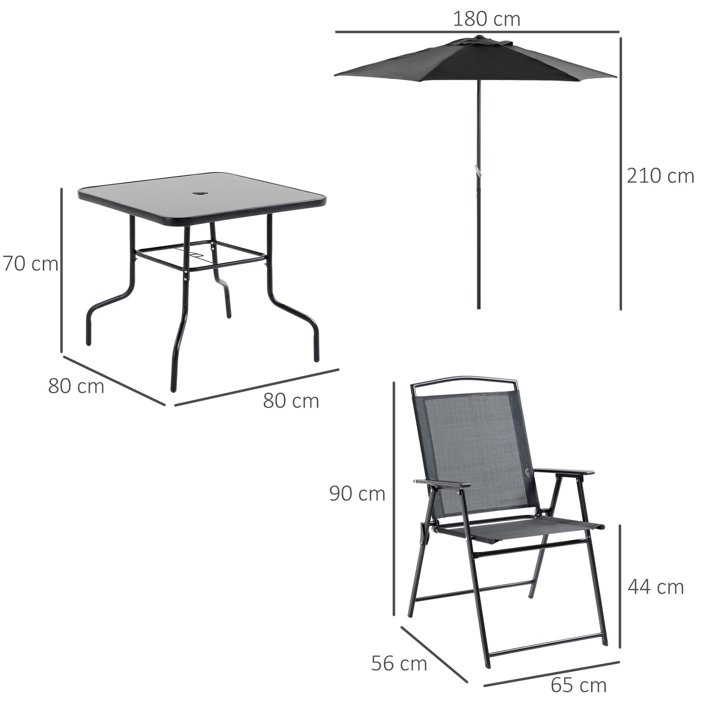 Outsunny Conjunto de Muebles de Jardín con 4 Sillas Plegables Mesa de Comedor de Vidrio y Sombrilla Inclinable Protección del Sol para Patio Terraza Exterior 80x80x70 cm Negro