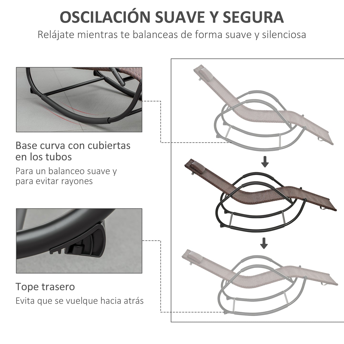 Outsunny Tumbona Mecedora de Exterior con Reposabrazos Reposacabezas y Efecto de Ratán para Jardín Terraza Patio Carga Máx. 160 kg 61x160x79 cm Marrón