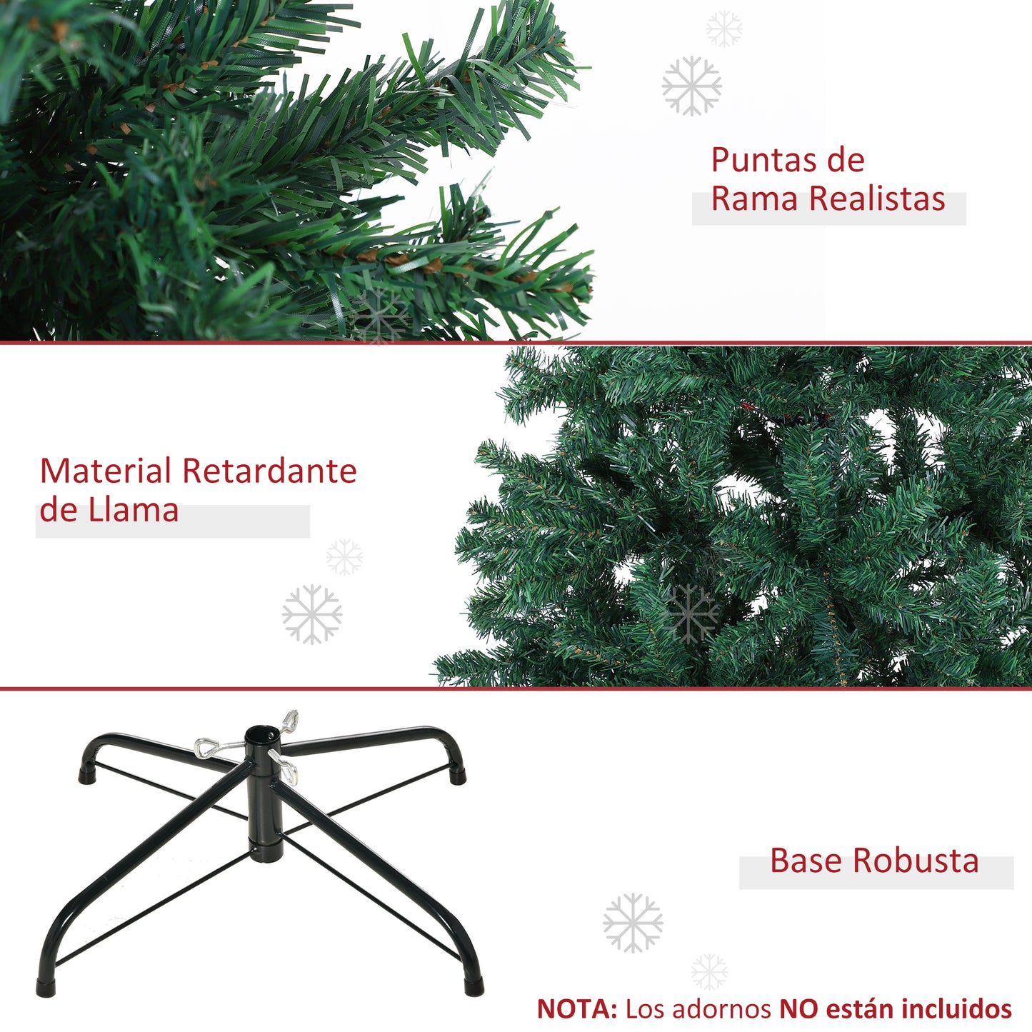 HOMCOM Árbol de Navidad 180cm Artificial Árbol de Pino Decoración Navideña con Soporte Metálico 1000 Ramas Verde PVC