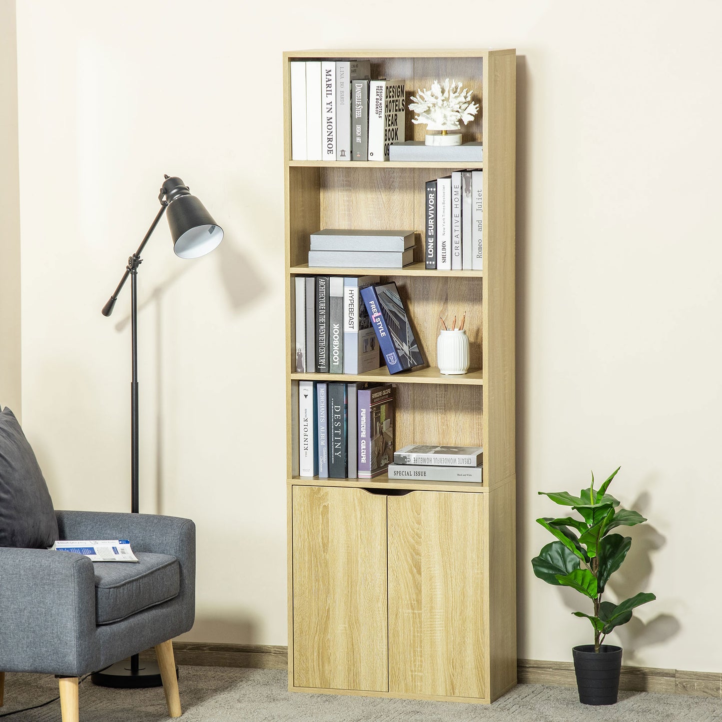 HOMCOM Estantería Librería Armario de Libros con 4 Compartimentos Abiertos y 2 Puertas para Salón Estudio Oficina Carga 80 kg 59x29x180 cm Natural